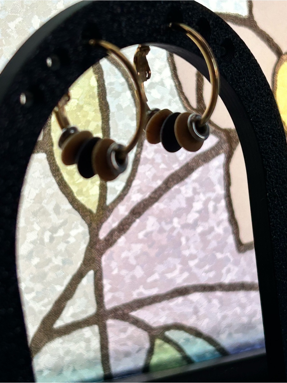 Handmade Gold Hoop Earrings with Brown and Black Bead Accents